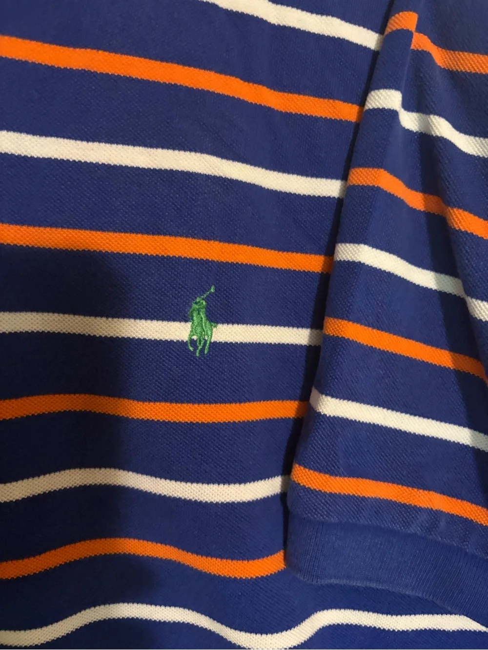 Men’s Ralph Lauren Blue Polo with Orange and White Stripes and Green Pony Logo